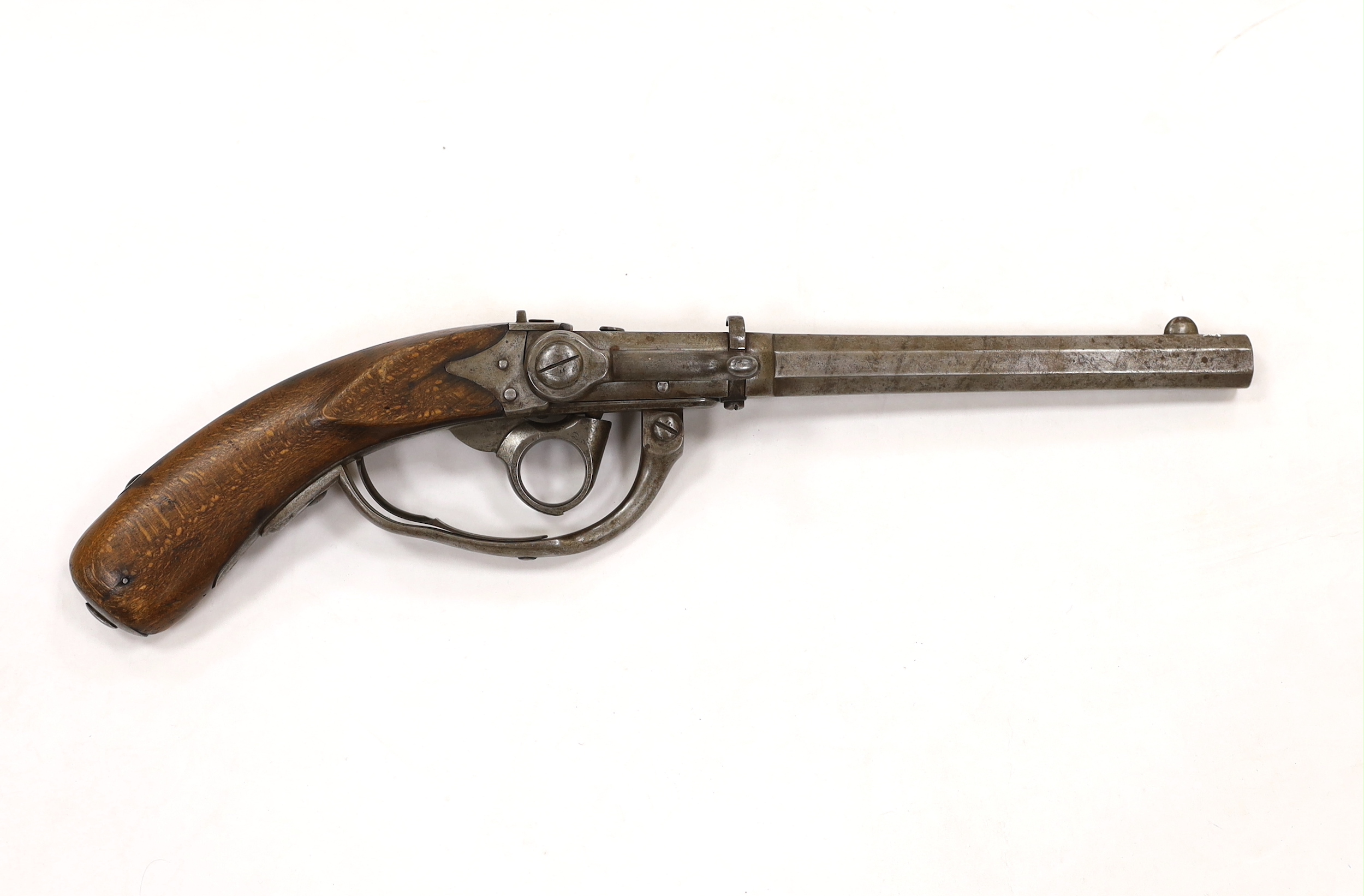 A Regulation Danish breech-loading, under hammer percussion military pistol, octagonal twist barrel, breach stamped B–274 barrel stamped GHRE:10 and cipher of Christian VIII of Denmark and stamped for model M-1841 and B-